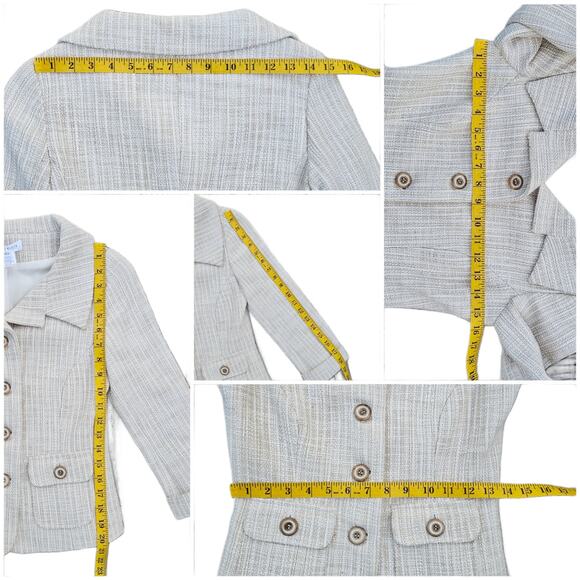 Tweed Blazer WHBM Size 0 Button Front Beige Flap Pockets Crop 3/4 Sleeve Jacket - Picture 9 of 11